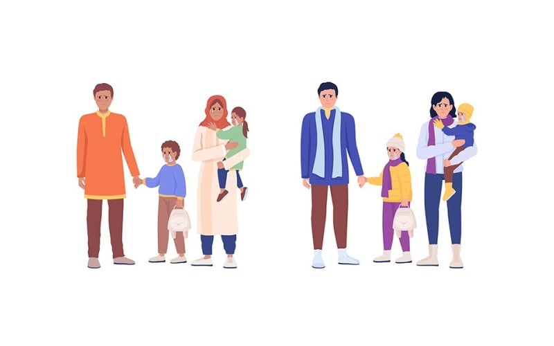 People with children waiting for evacuation semi flat color vector characters Illustration