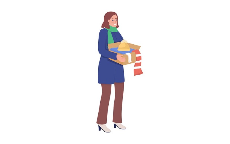 Smiling woman with clothing donation box semi flat color vector character Illustration