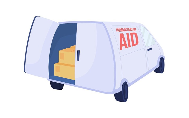 Truck with humanitarian aid semi flat color vector object Illustration