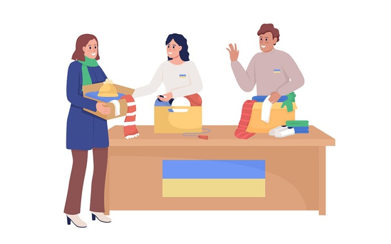 Volunteers collecting clothes for refugees semi flat color vector characters Illustration