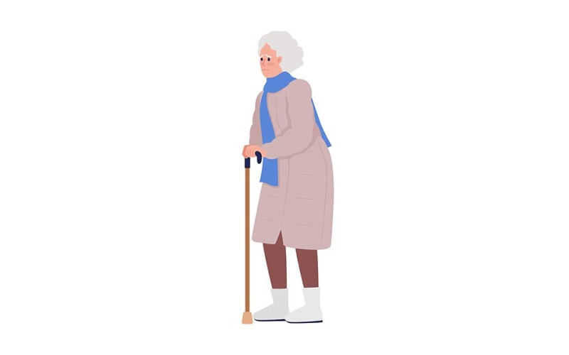 Worried old woman with walking stick semi flat color vector characters Illustration