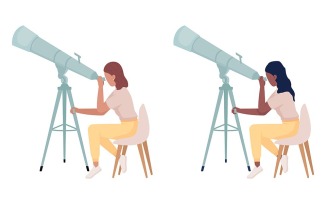 Astronomists with powerful telescopes semi flat color vector characters set
