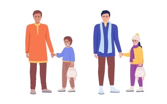 Father with child waiting for evacuation semi flat color vector characters