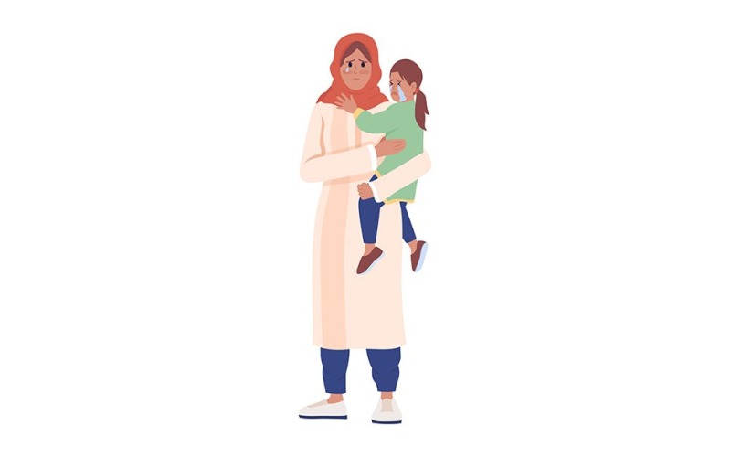 Female war victim holding teary daughter semi flat color vector characters Illustration