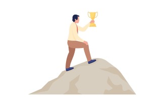 Male winner holding long awaited trophy semi flat color vector character