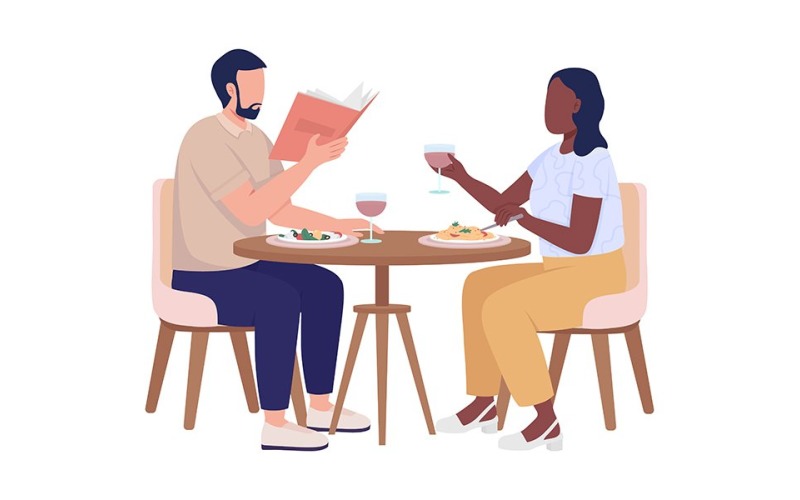 People enjoying food in restaurant semi flat color vector characters Illustration