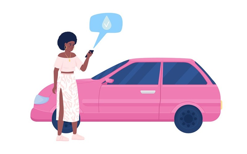 Woman refueling car semi flat color vector character Illustration