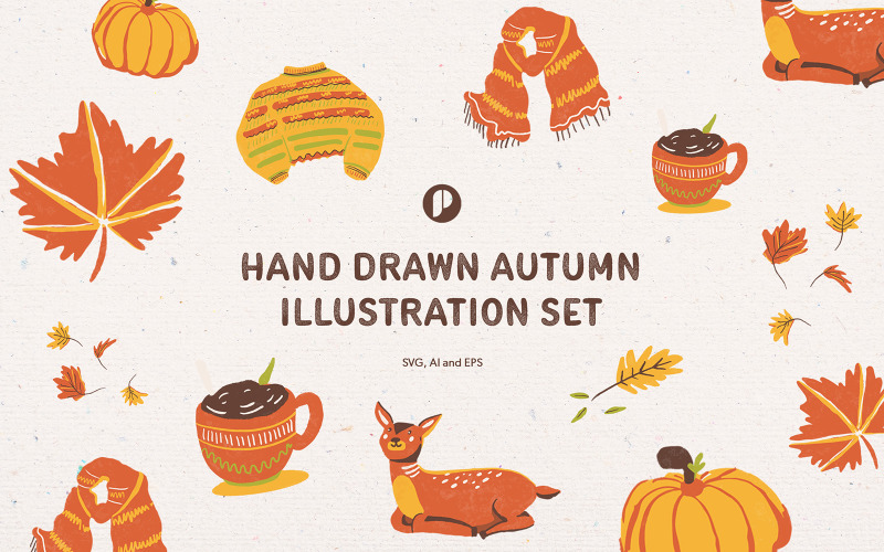 Yellow Pumpkin Cute Hand Drawn Autumn Illustration Set