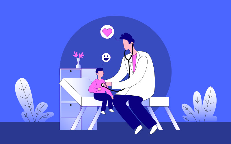 Children's Doctor Checking Heartbeat Free Illustration Concept Vector