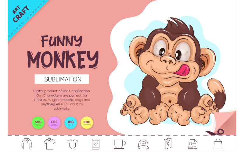 Funny Cartoon Monkey. Crafting, Sublimation. Vector Graphic