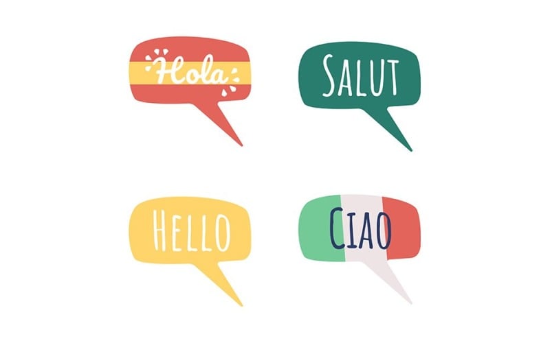 Greeting words in different languages semi flat color vector speech bubble set Illustration