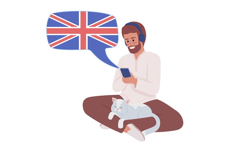 Man listening to audio british english course semi flat color vector character Illustration