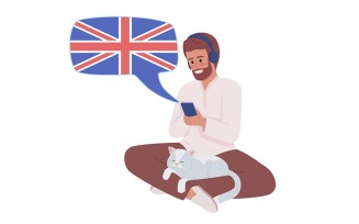 Man listening to audio british english course semi flat color vector character