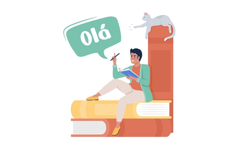 Man practicing portuguese language semi flat color vector character Illustration