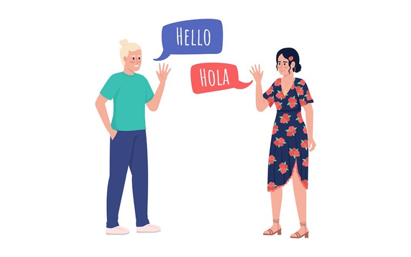 Native speakers exchanging greetings semi flat color vector characters Illustration