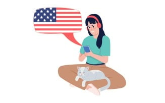 Young woman listening to american english course semi flat color vector character