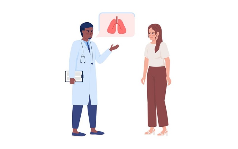 Doctor consulting woman with lung disease flat color vector characters Illustration