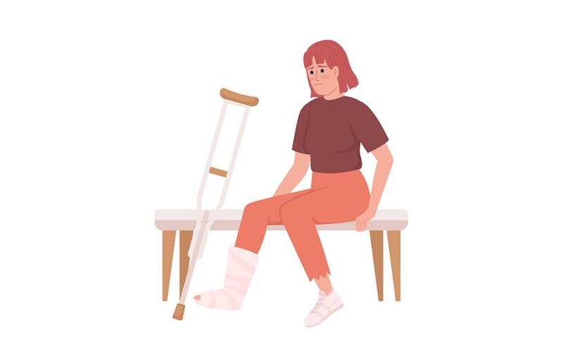 Woman with broken leg and crutch semi flat color vector character Illustration