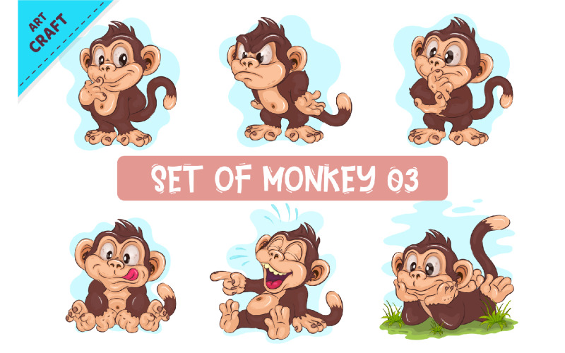 Set of cartoon Monkey 03. Crafting, Sublimation. Vector Graphic