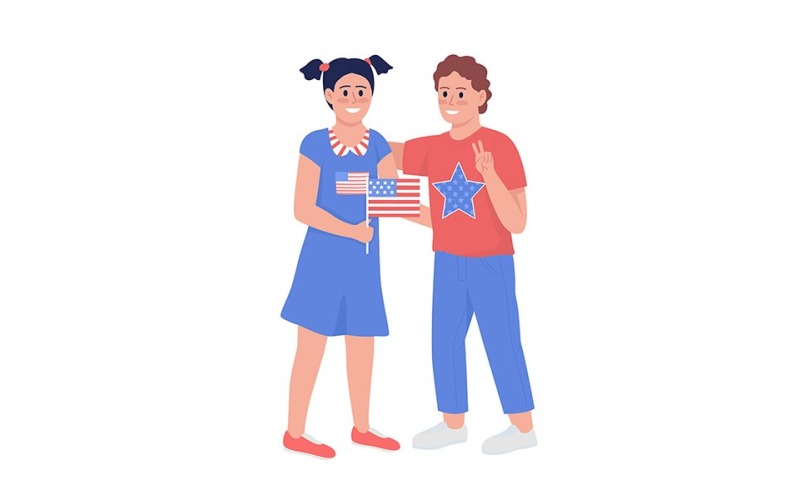Happy kids with American flag semi flat color vector characters Illustration