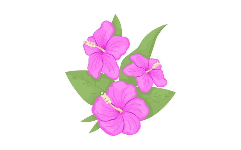 Hibiscus flowers with leaves semi flat color vector object Illustration