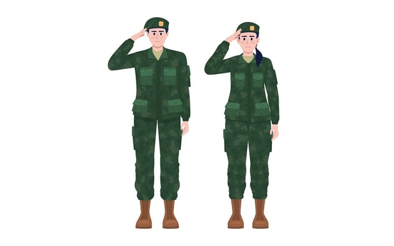 Military man and woman in uniforms semi flat color vector characters Illustration