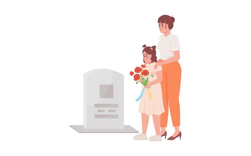 Mother and girl on grave semi flat color vector characters Illustration