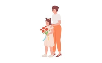Sad girl holding bouquet with mother semi flat color vector characters