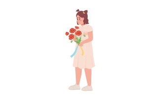 Sad Ukrainian child with bouquet with semi flat color vector character