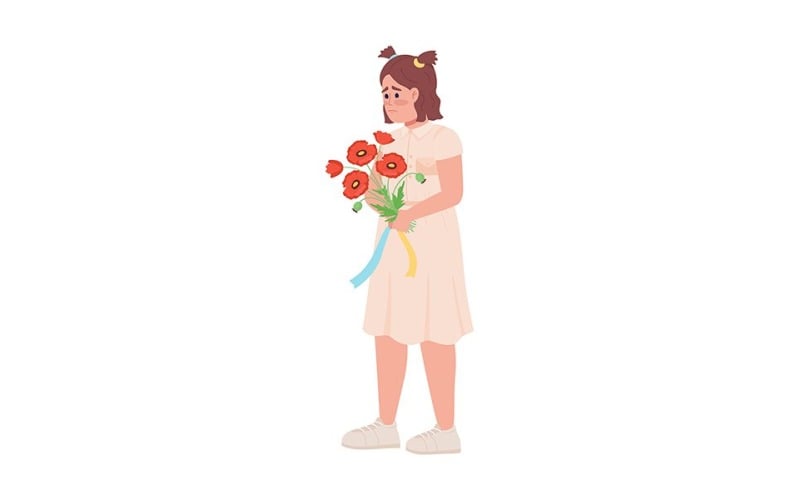 Sad Ukrainian child with bouquet with semi flat color vector character Illustration