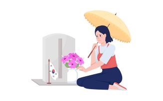Sad woman on soldier grave semi flat color vector character