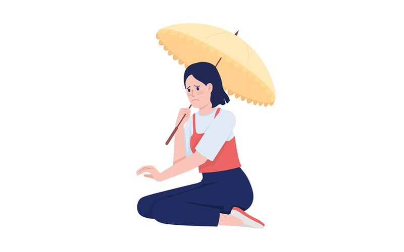 Unhappy woman with umbrella sitting semi flat color vector character Illustration