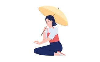 Unhappy woman with umbrella sitting semi flat color vector character