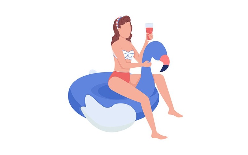 Woman with cocktail on inflatable flaming semi flat color vector character Illustration