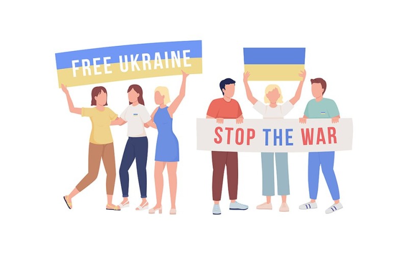 Activists against war in Ukraine semi flat color vector characters Illustration