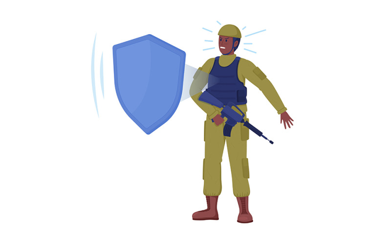 Soldier in body armour semi flat color vector character Illustration