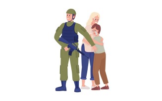 Soldier protects family semi flat color vector characters