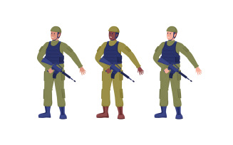 Soldiers in military uniform semi flat color vector characters set