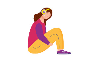 Crying female teenager listening to music semi flat color vector character