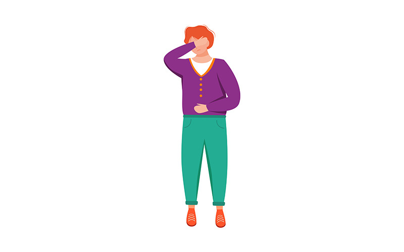 Depressed teenager with aches in stomach semi flat color vector character Illustration