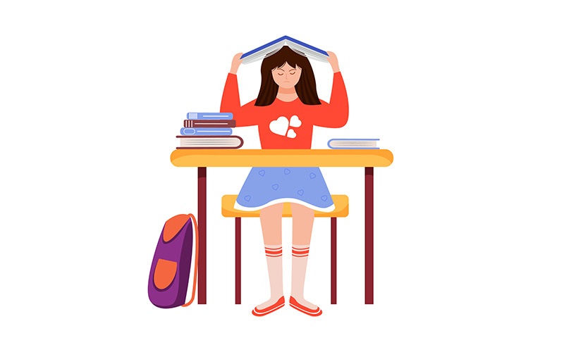 Female child overloaded with homework semi flat color vector character Illustration