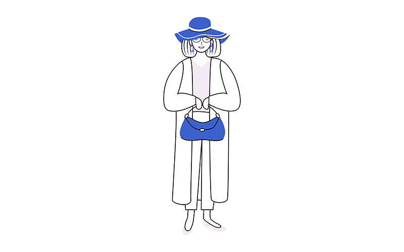 Pretty woman wearing elegant jacket and hat semi flat color vector character Illustration