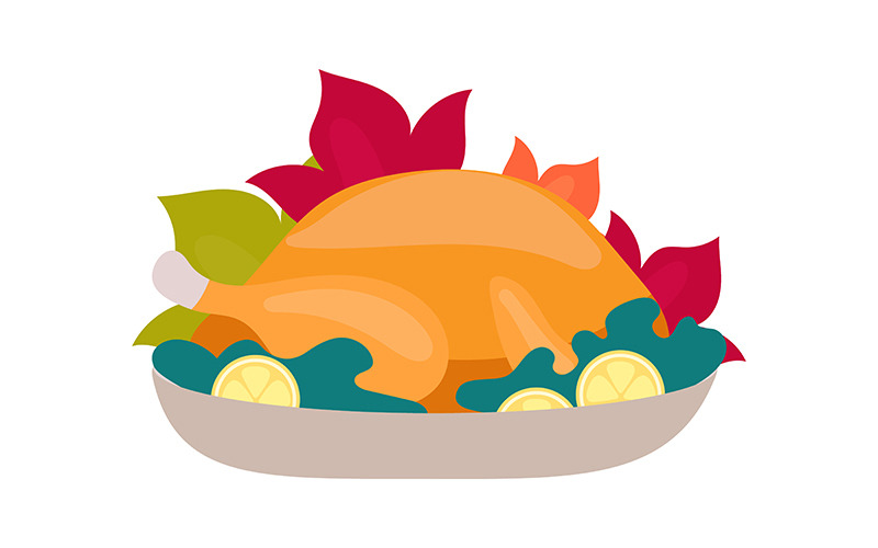 Roast turkey with lemon semi flat color vector object Illustration