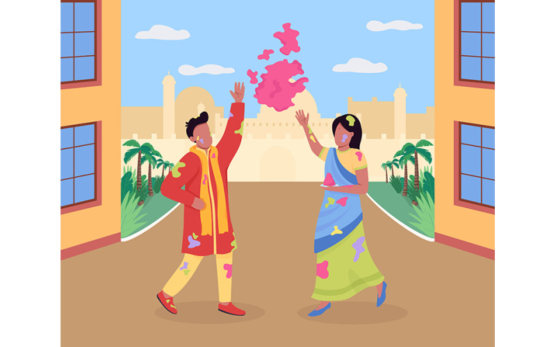 Celebrating Holi festival flat color vector illustration Illustration