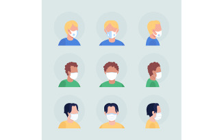Coronavirus masks semi flat color vector character avatar set