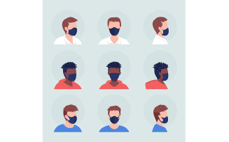 Different men wearing mask semi flat color vector character avatar set