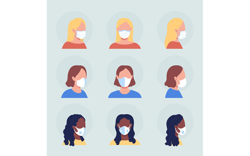 Ladies with white masks semi flat color vector character avatar set Illustration