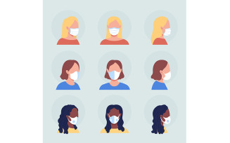 Ladies with white masks semi flat color vector character avatar set