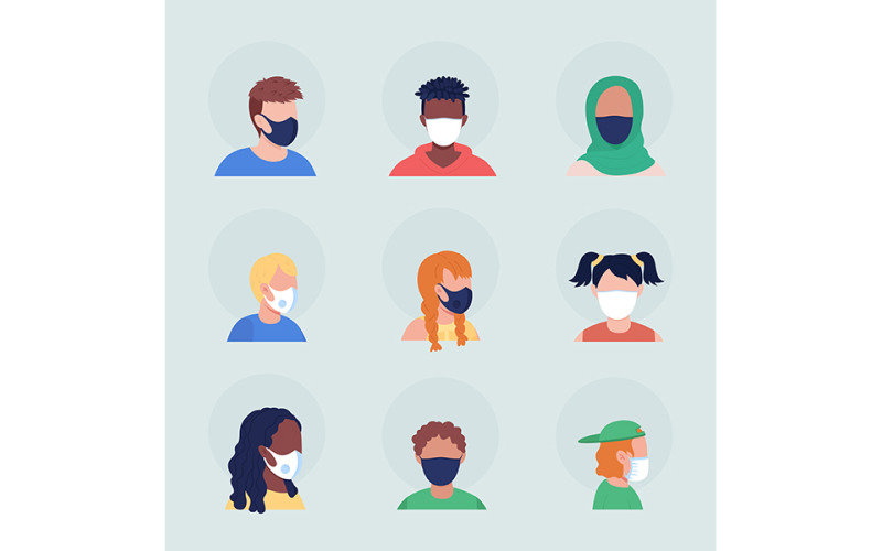 No-pleat medical masks semi flat color vector character avatar set Illustration