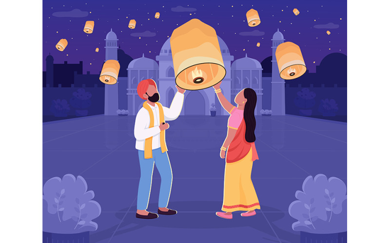 Traditional Diwali celebration flat color vector illustration Illustration